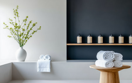 A peaceful spa environment features a beautiful vase of fresh flowers on display next to neatly rolled towels and bottles, creating a calming atmosphere for relaxation.の素材