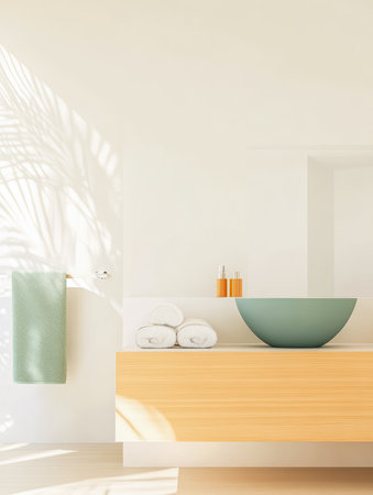 A stylish bathroom showcases a green bowl on a wooden counter with neatly rolled towels beside it. Sunlight filters through, creating a serene and inviting atmosphere.の素材