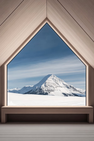 A stunning view of a snow-covered mountain from inside a cozy cabin. The wooden frame highlights the serene winter scene outside, with crisp blue skies and untouched snow.の素材
