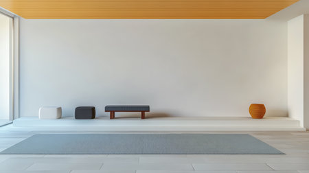 A tranquil room features a clean, white wall and a light wooden ceiling. Simple furniture pieces, including a bench and unique vases, create a peaceful atmosphere.の素材