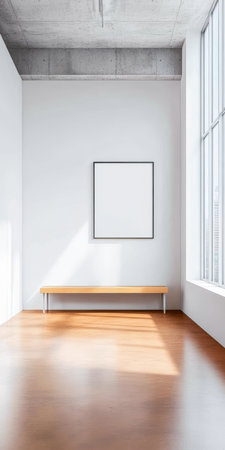 Bright and airy art gallery space features an empty frame on a white wall. A simple wooden bench sits on polished wooden flooring, illuminated by streaming sunlight.の素材