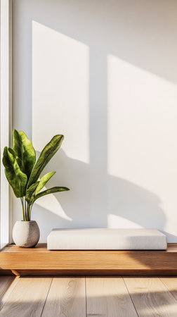 A serene indoor setting features a lush green plant in a stone pot sitting on a wooden platform. Sunlight illuminates the space, creating a calming atmosphere.の素材