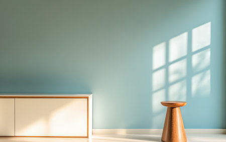 A minimalist room features a light blue wall, a wooden stool, and a clean white cabinet. Soft afternoon light creates gentle shadows on the floor adding a serene atmosphere.の素材