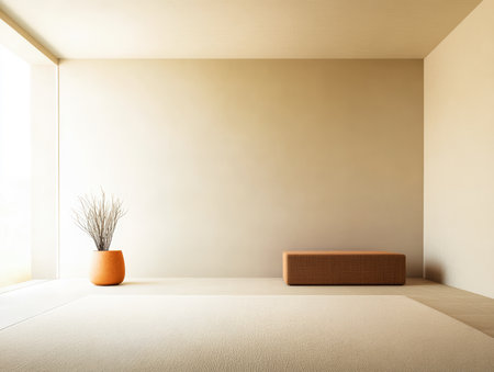 This indoor area showcases a minimalist design with soft, natural light streaming through a large window. A potted plant and a simple wooden bench enhance the calm atmosphere.の素材