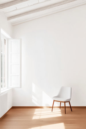 Sunlight streams into the spacious room through an open window, illuminating a simple chair placed on polished wooden floors, creating a serene atmosphere.の素材
