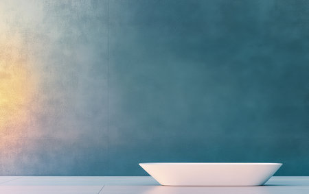 A sleek white bathtub rests elegantly on a smooth floor, surrounded by a textured blue wall. Soft light casts a warm glow, enhancing the serene atmosphere of this modern bathroom.の素材