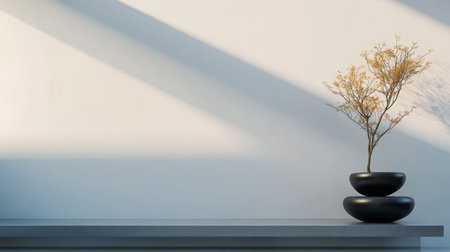 A sleek indoor space features two black vases stacked on a shelf with a delicate plant. Soft shadows paint the wall, creating an inviting atmosphere filled with warmth.の素材