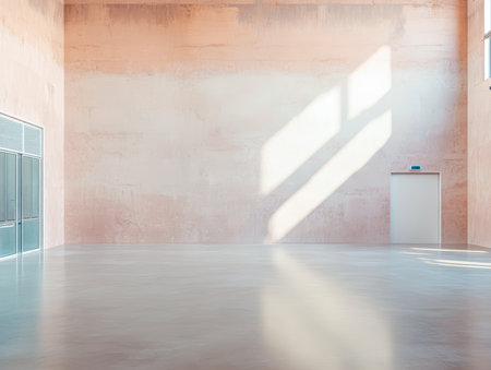 A bright, open area features smooth concrete flooring and soft pink walls. Sunlight filters in through large windows, creating a calm atmosphere. The space is inviting and serene.の素材