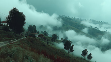 A tranquil scene shows a village nestled in rolling hills, enveloped by fog. The soft light creates a calm atmosphere as trees and homes peek through the mist.の素材