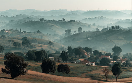 Early morning light casts a soft glow over rolling hills and trees in a peaceful countryside scene. Small houses peek through the fog, creating a serene atmosphere.の素材