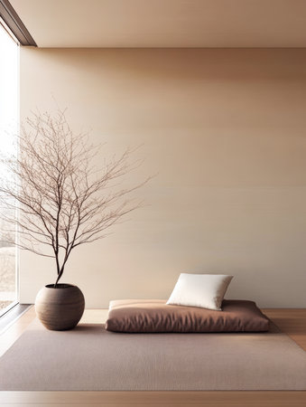 A serene room features a soft cushion and a decorative plant in a pot, illuminated by natural light from a large window, creating a peaceful atmosphere.の素材