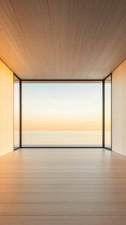 Bright and spacious room features large glass windows that showcase a stunning sunset over serene water. The wooden floor and simple design create a peaceful atmosphere.の素材