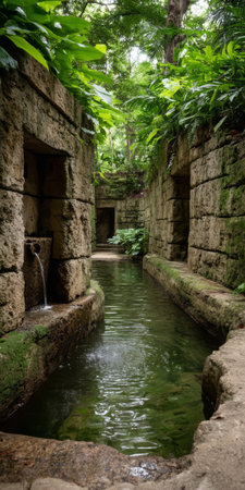 Stone walls covered in moss line the calm waterway surrounded by vibrant green foliage. The quiet environment invites visitors to relax and explore the hidden beauty of nature.の素材