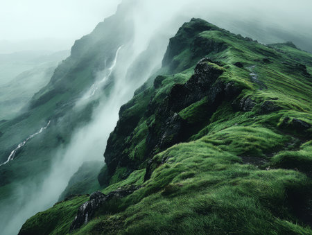 Lush green hills rise dramatically, enveloped in mist. Water flows gently down the slopes, creating a serene atmosphere in this remote landscape during early morning light.の素材