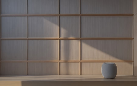 A serene interior features a plain vase on a smooth wooden shelf. Sunlight filters through, creating soft shadows and highlighting the clean lines of the design.の素材