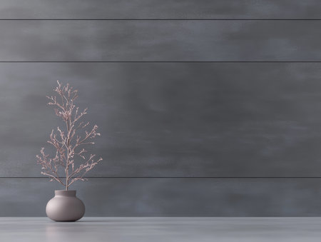 A simple vase holds dried branches, placed on a light gray surface in a modern interior. The clean lines and neutral tones create a calm atmosphere suitable for contemporary decor.の素材