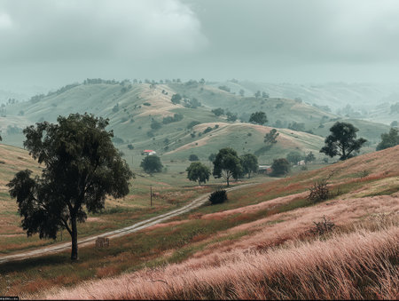 Rolling hills stretch across the landscape, dotted with trees and patches of grass. The overcast sky casts a soft light over the serene rural scene in the early morning.の素材