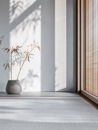 Soft sunlight streams through a large window, casting gentle shadows on the floor. A simple gray vase holds delicate bamboo, creating a calm atmosphere in the room.の素材