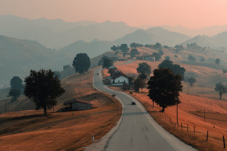 A winding road cuts through golden fields as the sun sets, casting a warm glow over the landscape. Trees dot the hills, creating a serene backdrop of nature's beauty.の素材