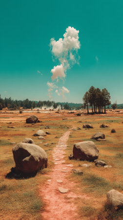 A winding path leads through a grassy field scattered with large rocks, surrounded by trees. Puffs of white clouds float in the blue sky, creating a tranquil scene.の素材
