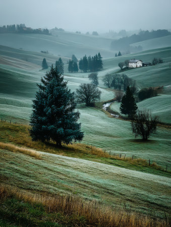 Frost blankets rolling green hills in a quiet countryside scene. A small house sits peacefully amid trees while a stream flows gently through the valley during the early morning.の素材