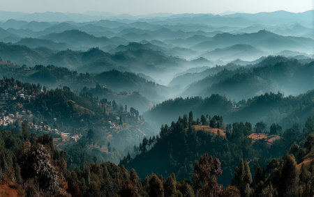 Vast mountains stretch across the horizon, covered in layers of mist. The sunlight gently rises over the peaks, illuminating the greenery and creating a tranquil atmosphere in nature.の素材