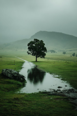 A solitary tree stands near a calm pond reflecting its image on a misty morning. The landscape is green, with gentle hills in the background and a winding path visible.の素材