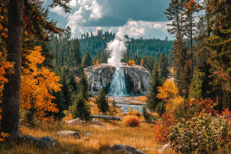 A powerful waterfall cascades down a rocky cliff surrounded by colorful autumn foliage. The scene captures the beauty of nature in a serene setting, offering a picturesque view.の素材