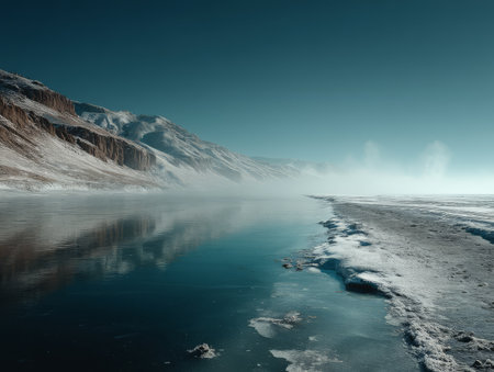 A tranquil frozen lake reflects the surrounding mountains and clear sky. Fog rises gently above the surface, creating a peaceful winter scene early in the morning.の素材