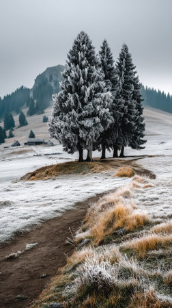 A serene winter scene features tall evergreen trees covered in frost. A winding dirt path leads through the snowy landscape, framed by dried grass and distant mountains.の素材