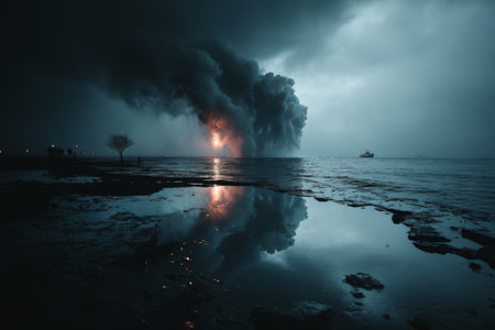 On a dark night, an oil fire illuminates the shoreline with bright flames and thick smoke. The reflection in the water adds to the eerie atmosphere, while onlookers watch from a distance.の素材