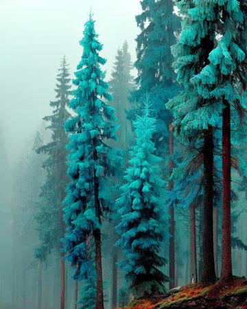 Mist surrounds tall evergreen trees in a tranquil forest, creating a magical scene. The vibrant blue colors of the foliage contrast with the soft gray fog, offering a unique visual experience.の素材