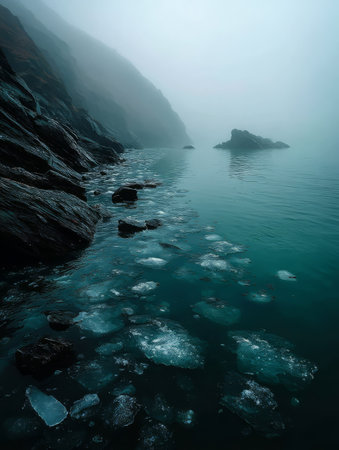 A calm body of water surrounded by rocky cliffs. Mist hangs in the air, adding a serene atmosphere as ice floats gently on the surface.の素材