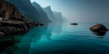 Calm waters reflect dramatic cliffs under a twilight sky. The scene captures tranquility and natural beauty, inviting visitors to explore the serene coastal landscape.の素材