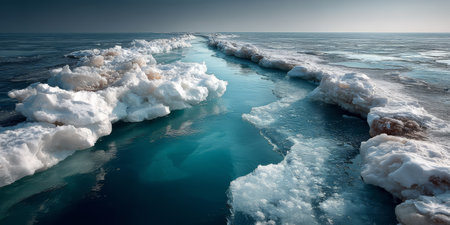 Bright ice and snow cover the edges of a tranquil body of water, reflecting sunlight in an arctic scene. This stunning contrast highlights nature's beauty in a cold environment.の素材