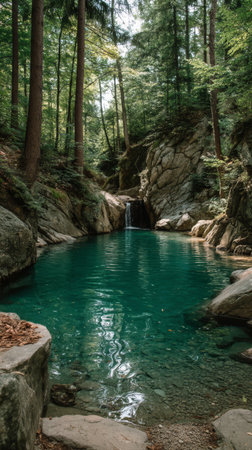 A peaceful forest scene features clear turquoise water surrounded by tall trees and rocky cliffs. A small waterfall flows into the water, creating a serene atmosphere in nature.の素材