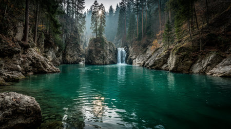 A stunning waterfall flows into a clear turquoise lake. Surrounded by tall trees and rocky formations, the scene captures a tranquil moment in nature, perfect for relaxation and exploration.の素材