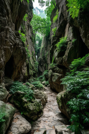 A narrow canyon lined with towering rock walls and rich greenery invites adventure. Sunlight filters through the trees, highlighting the rugged stones and thriving plants below.の素材