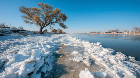 A tranquil winter landscape features a river with ice floes along the shore. A large tree stands near the water under a clear blue sky, creating a serene atmosphere.の素材