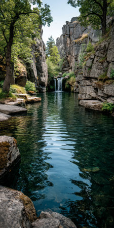 A clear, tranquil pool reflects the blue sky and rocky cliffs. A small waterfall cascades into the water, surrounded by lush trees and greenery, creating a peaceful natural setting.の素材