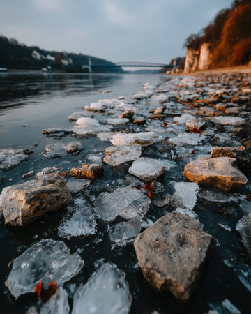 Ice floes and smooth stones cover a riverbank during winter. In the background, a bridge spans the water, and trees line the shore under a cloudy sky.の素材