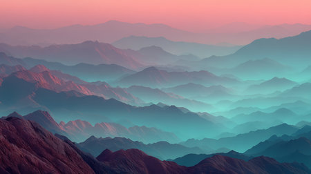 Breathtaking layers of mountains stretch across the horizon during sunset, displaying shades of pink and blue against a tranquil sky. The serene landscape invites reflection and calmness.の素材