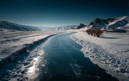 A serene river snakes through a snowy terrain, bordered by distant mountains and bare trees. The bright sunlight reflects off the water, creating a peaceful winter scene.の素材