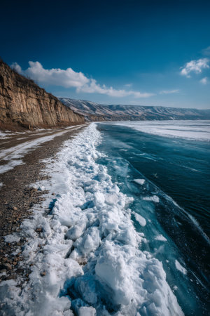 A serene winter scene shows a river with icy edges and snow along the shore. The mountains rise majestically in the background under a clear blue sky.の素材