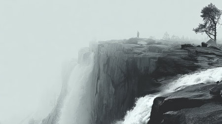 A person gazes from a rocky cliff near a waterfall, surrounded by mist and fog. The scene captures the peaceful yet dramatic atmosphere of nature's beauty.の素材