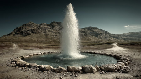 Water shoots high into the air from a geyser in a rocky area, surrounded by a circular stone arrangement. The distant mountains provide a striking backdrop under a clear sky.の素材