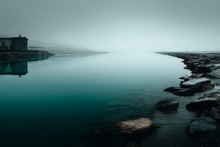 A serene coastal scene unfolds as fog envelops the peaceful waters and a lone house sits near the shore. The calm reflects the muted colors and stillness of early morning.の素材