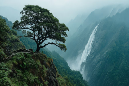A solitary tree stands on a rocky outcrop overlooking a vibrant green valley. A powerful waterfall flows gracefully down the cliffs, surrounded by mist and rich foliage.の素材
