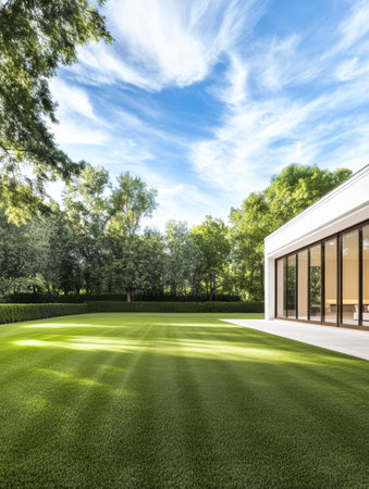 On a bright, sunny day, a spacious backyard unfolds with a well-maintained green lawn. Tall trees surround the area, creating a serene atmosphere under a clear blue sky.の素材