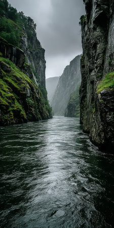 A calm river winds between towering cliffs, surrounded by lush green vegetation. The cloudy sky reflects the peaceful nature of this secluded location.の素材